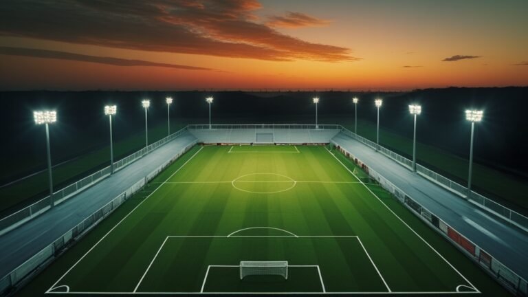 Mặt sân cỏ nhìn từ trên cao dưới ánh đèn sân vận động lúc hoàng hôn trước trận Chelsea vs Western Sydney Wanderers